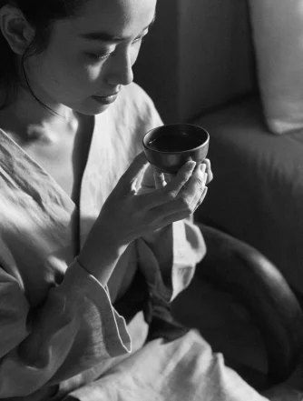 Woman attempting to drink tea or coffee