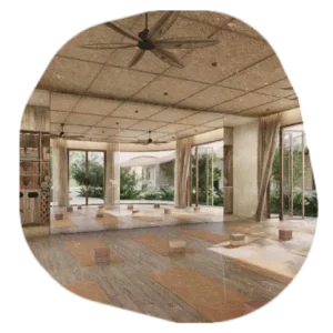 Beautiful hall with yoga mat and large mirror.