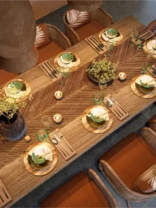 Beautiful dining table with comfortable chairs and stunning view.