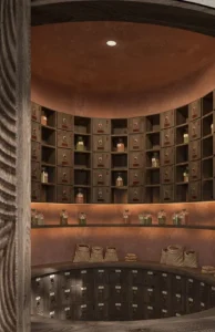 Beautiful circular kitchen with multiple storage boxes.