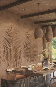 A dining room featuring a large palm leaf wall, creating a tropical and elegant atmosphere.