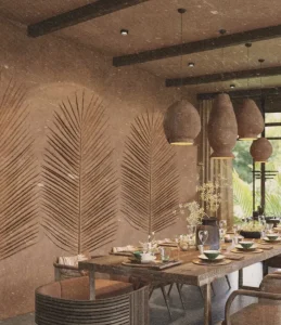 A dining room featuring a large palm leaf wall, creating a tropical and elegant atmosphere.