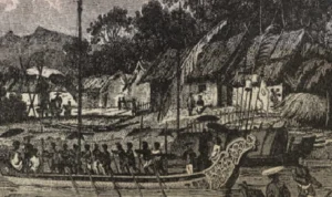 Vintage boat with passengers sailing on calm water in an old illustration.